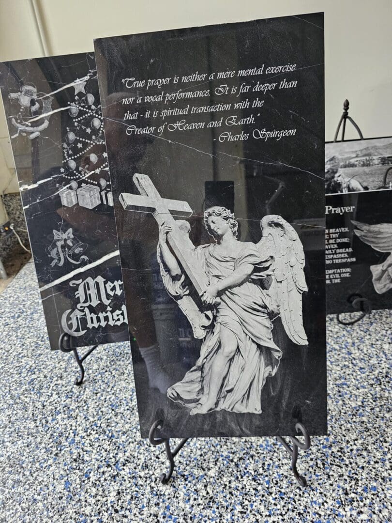 A black and white poster kept on the floor